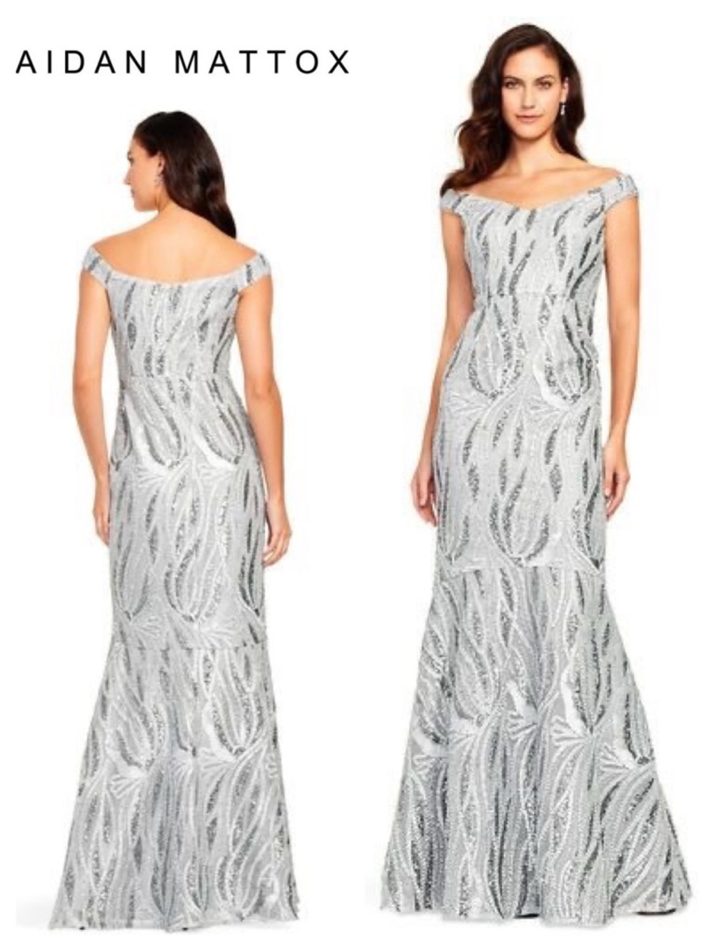 AIDAN MATTOX Beaded Off-the-Shoulder Gown